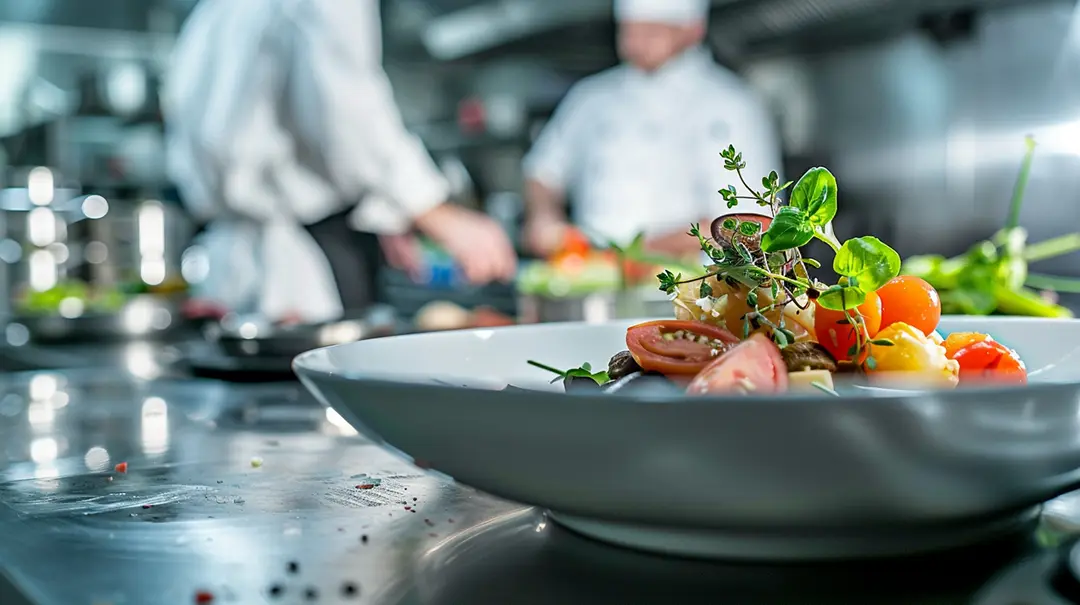 Chefs preparing gourmet dish in kitchen