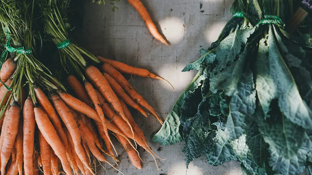 Fresh carrots and kale on table