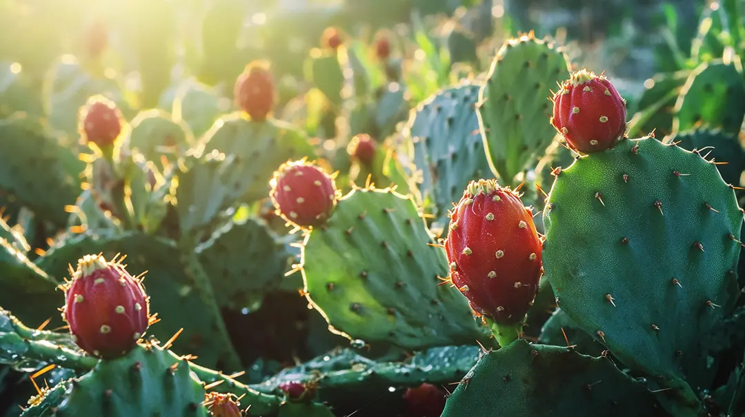 Sunlit prickly pear cacti with red fruits