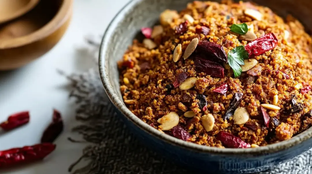 Close-up of spicy dukkah in a bowl.