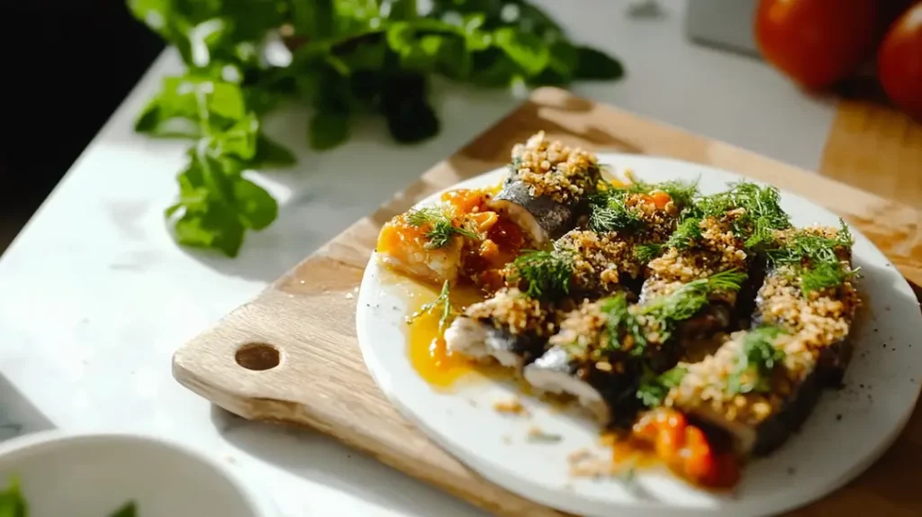 Stuffed sardines with herbs and breadcrumbs on a plate