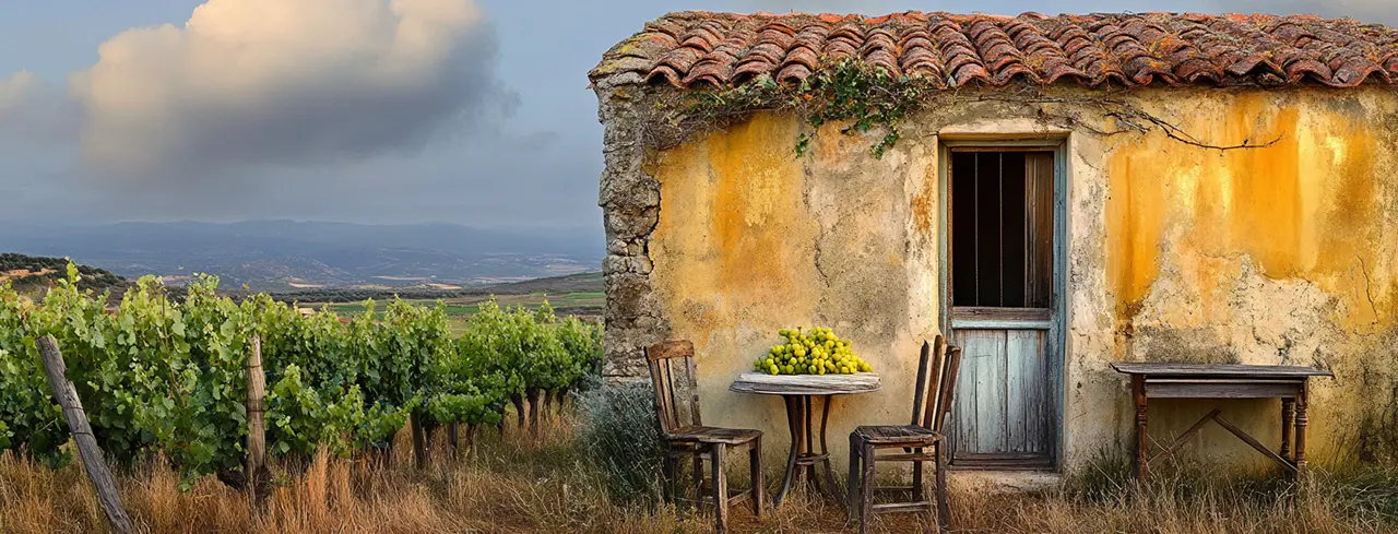 Rustic house with vineyard and cloudy sky