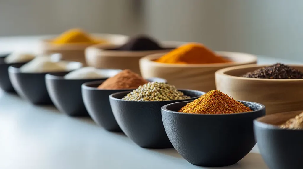 Assorted spices in black and wooden bowls.