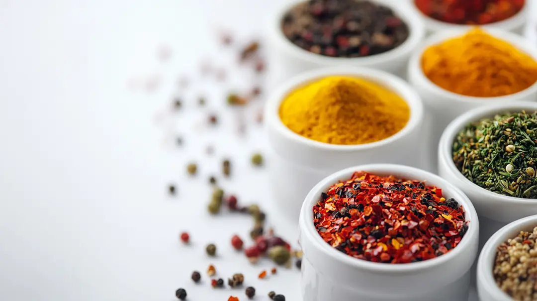 Assorted colourful spices in white bowls