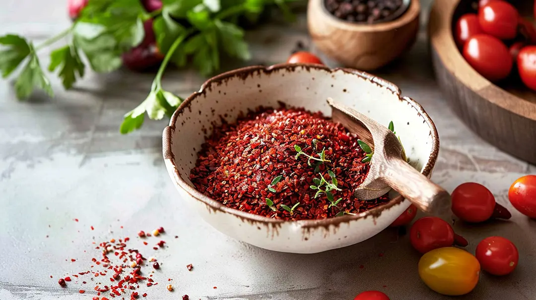 Bowl of sumac with herbs and tomatoes