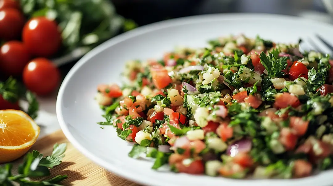 Fresh tabbouleh salad with vegetables and herbs