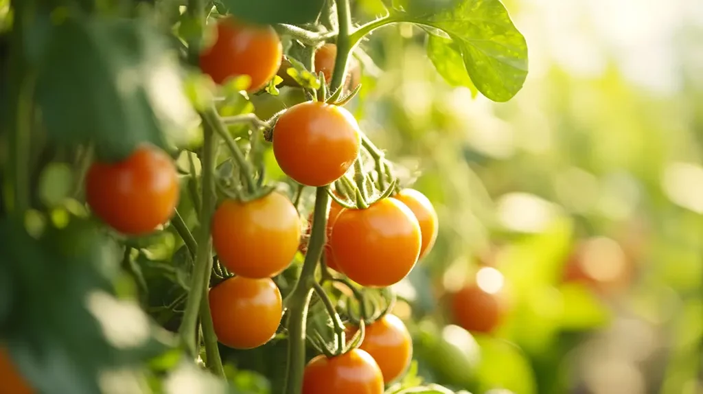 Ripe orange tomatoes on plants