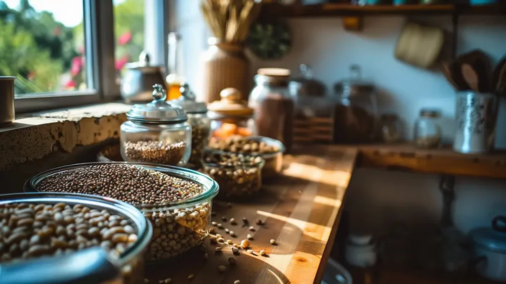 Jars of grains on a sunny kitchen counter.