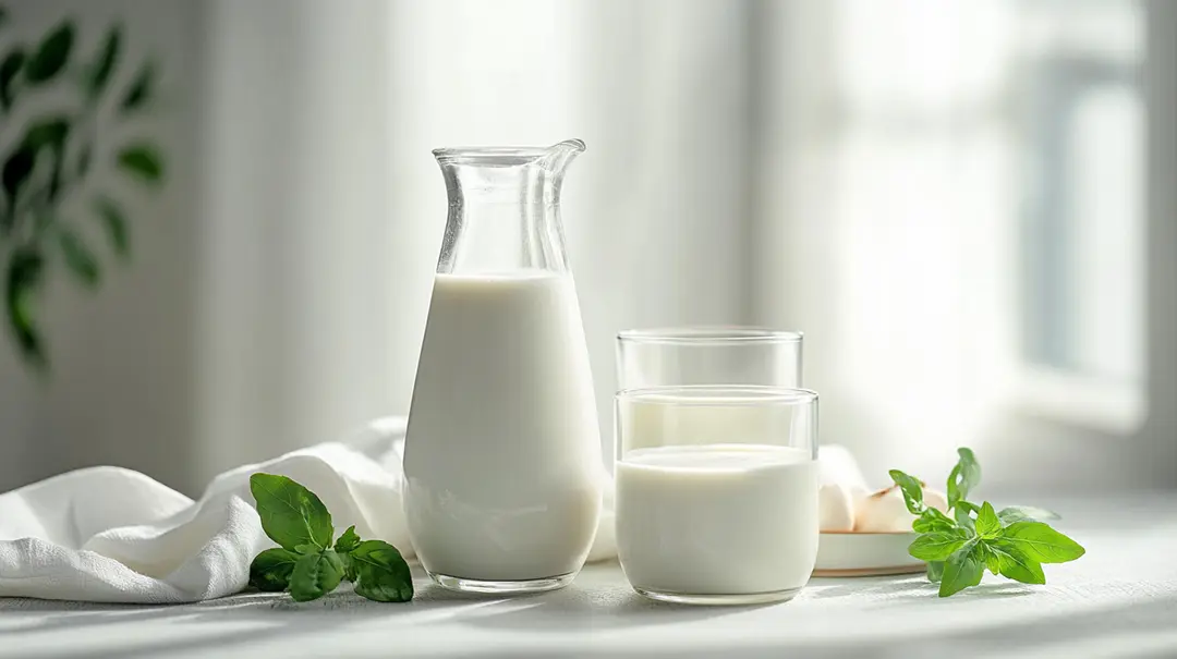 Jug and glasses of milk on table