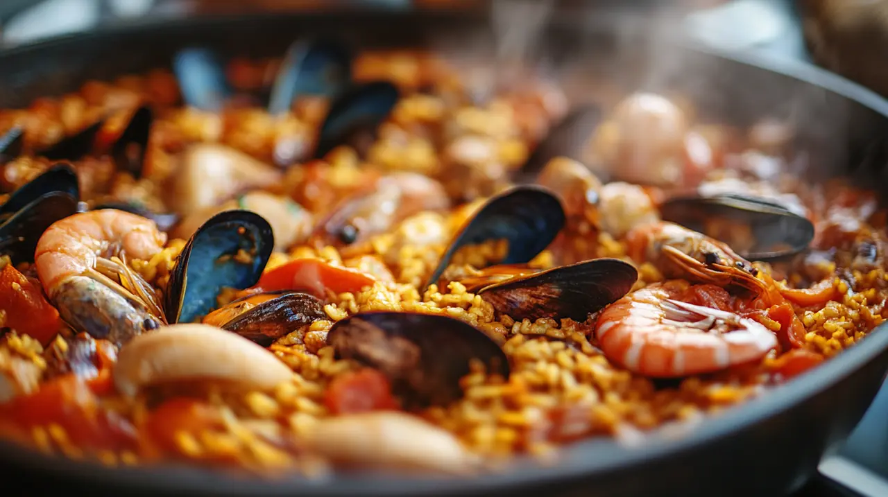Close-up of traditional seafood paella in a pan.