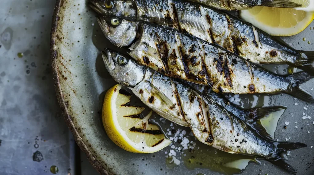 On the blue plate are grilled sardines with lemon wedges.