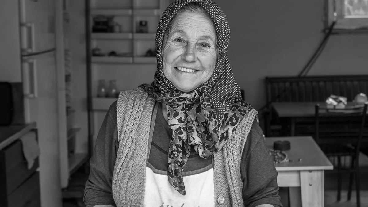 Smiling woman in headscarf and apron