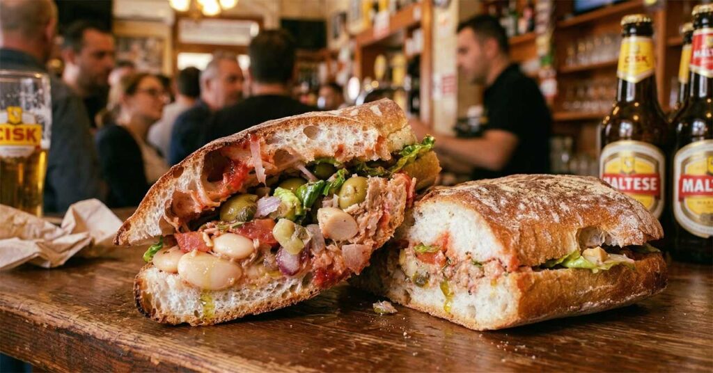 Vegetable sandwich in a lively pub setting