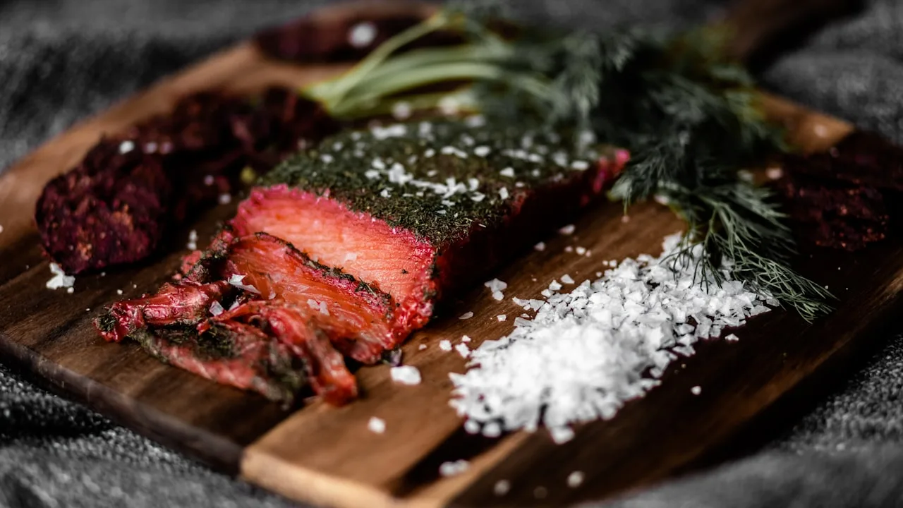 Sliced cured salmon with dill and sea salt