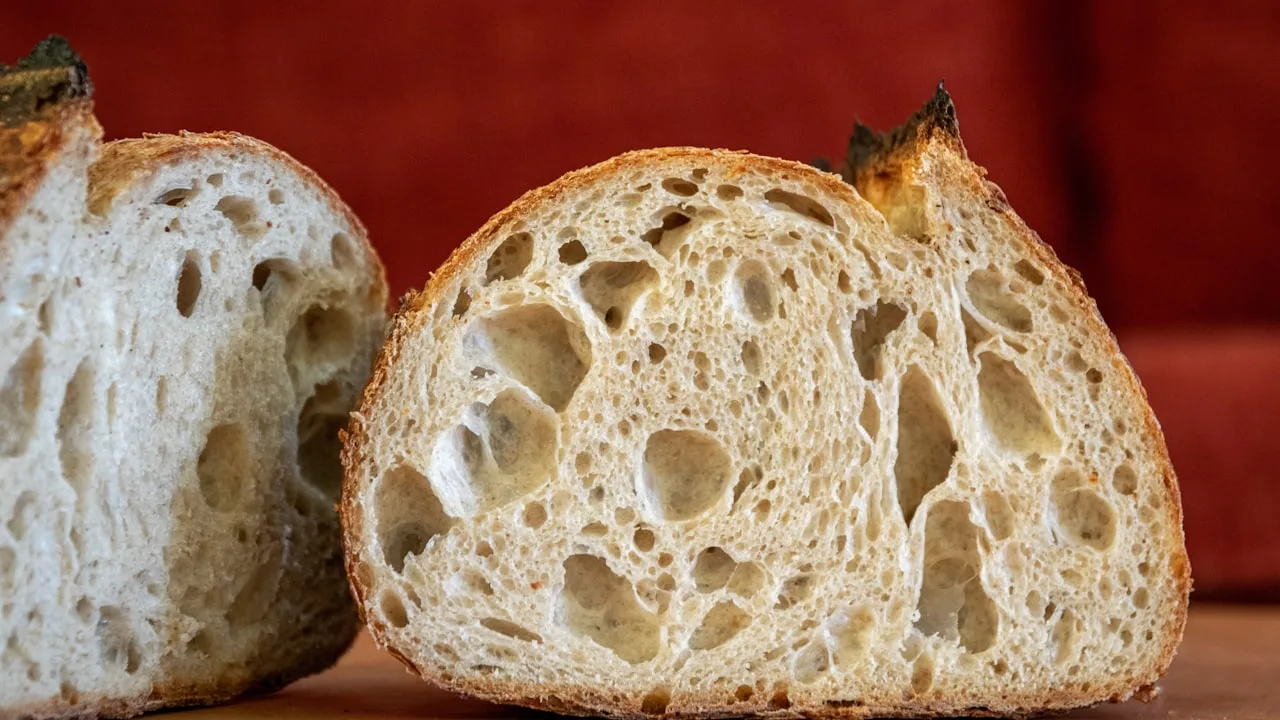 Close-up of sliced sourdough bread crumb