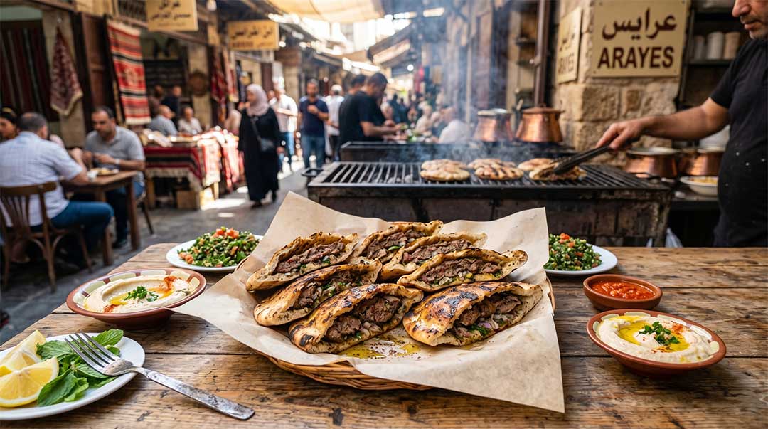 Grilled arayes served at bustling street market