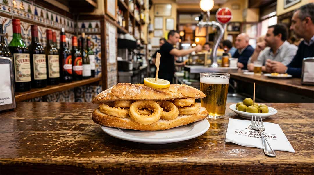Calamari sandwich with beer in Spanish bar