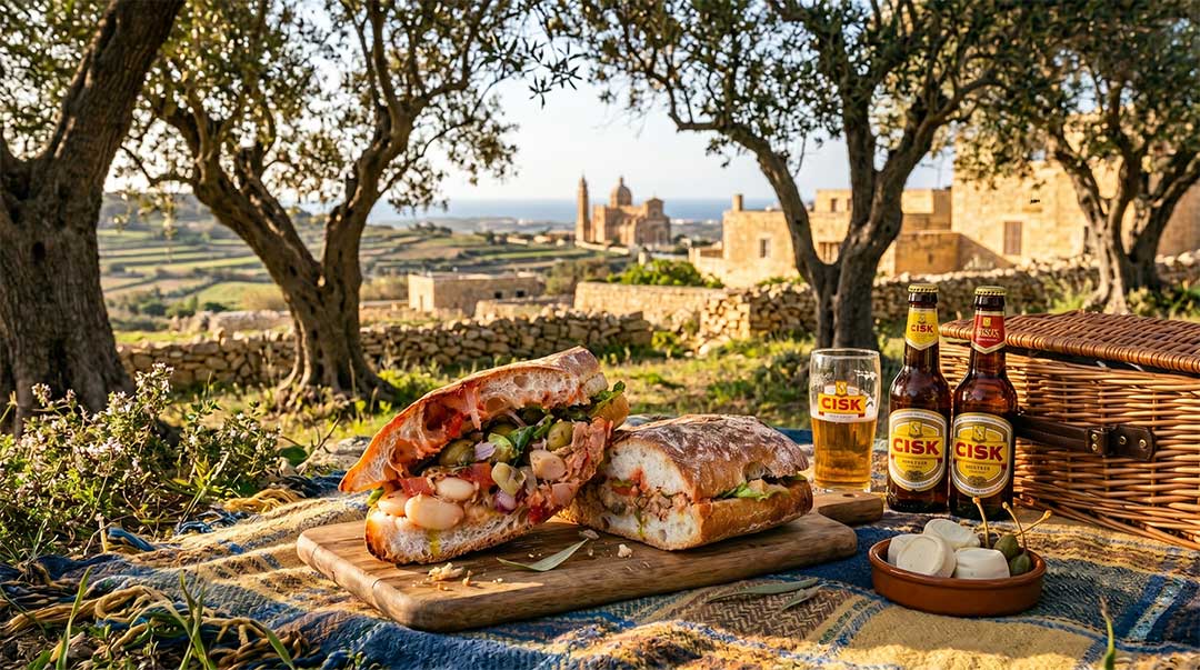 Maltese picnic with ftira sandwich and beer