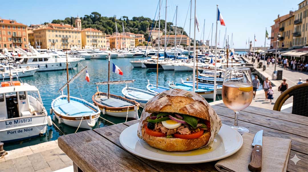 Sandwich and rosé overlooking Nice harbour