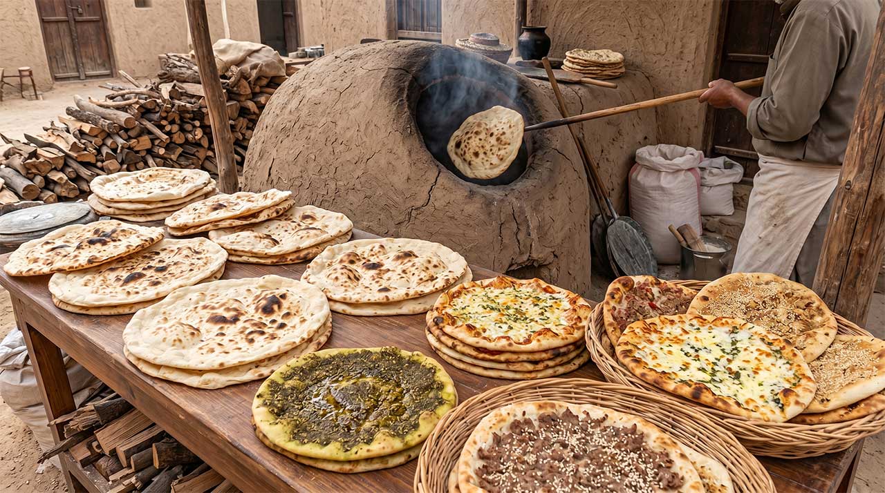 Traditional clay oven baking fresh flatbreads outdoors