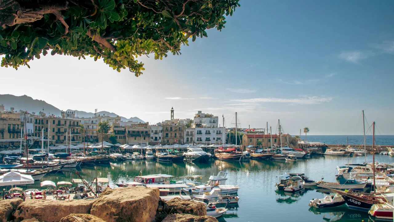 Mediterranean harbour with boats and waterfront buildings
