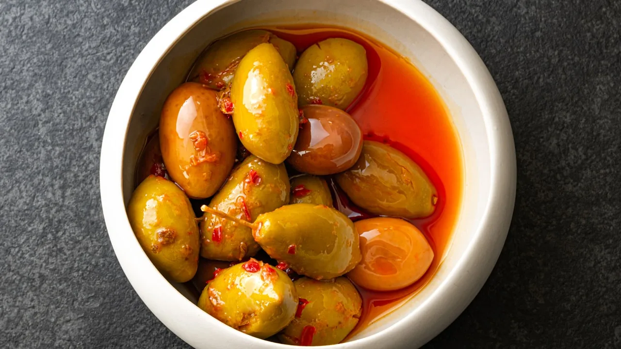 Bowl of marinated olives in chilli oil