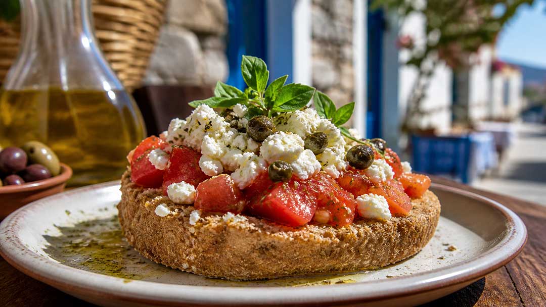 Tomato, feta and caper bruschetta on rustic bread