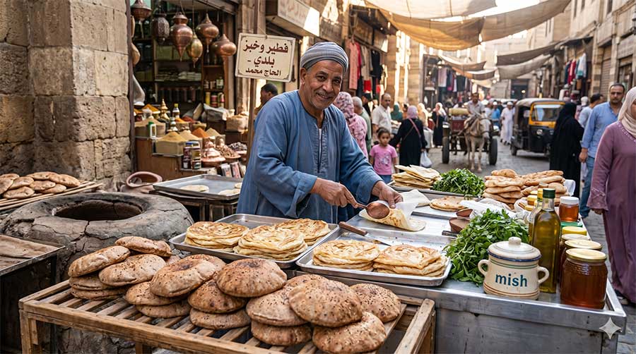 Street vendor baking flatbread in bustling market