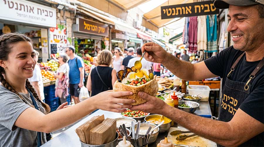 Market vendor serving falafel in pita bread