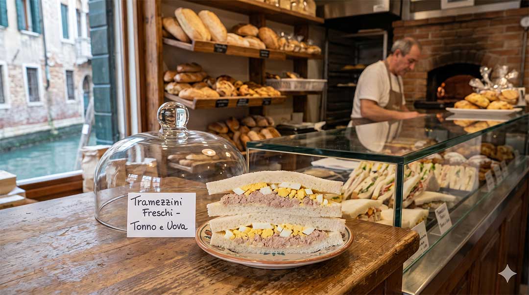 Italian bakery counter with tuna and egg sandwiches